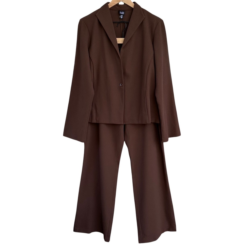 Eileen Fisher Vintage 100% Italian Wool 2 Piece Pant Suit Set Brown Medium